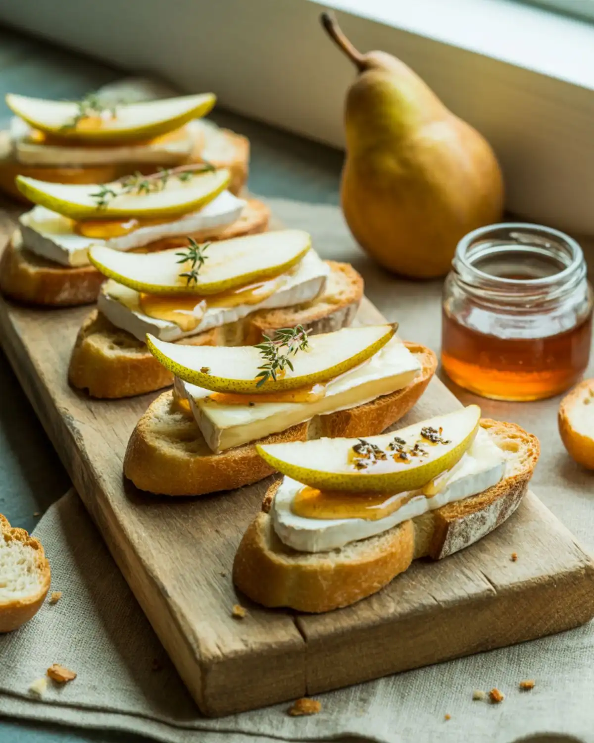Toasted crostini topped with brie, pear, honey, and thyme
