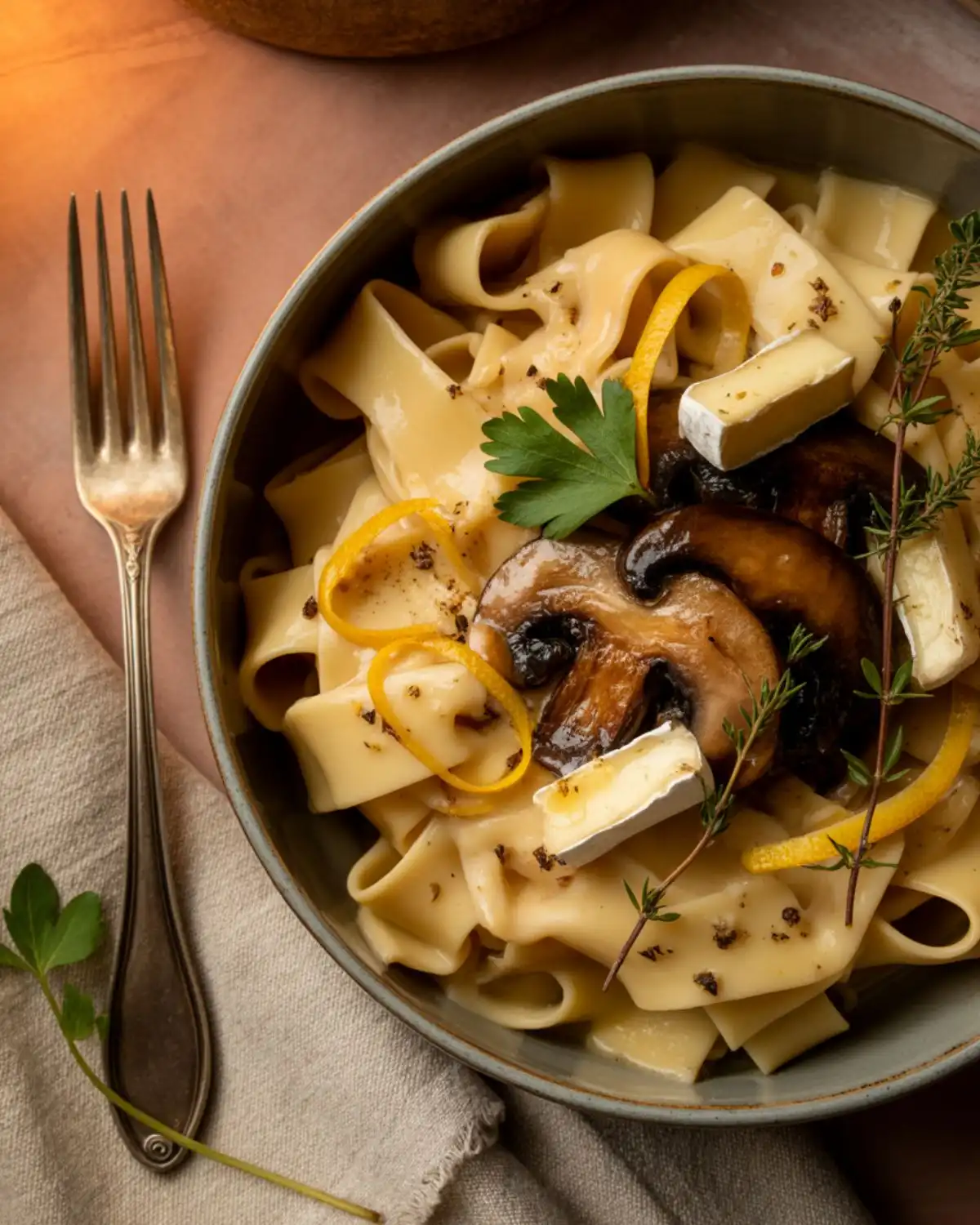 Creamy brie pasta with browned mushrooms, herbs, and black pepper
