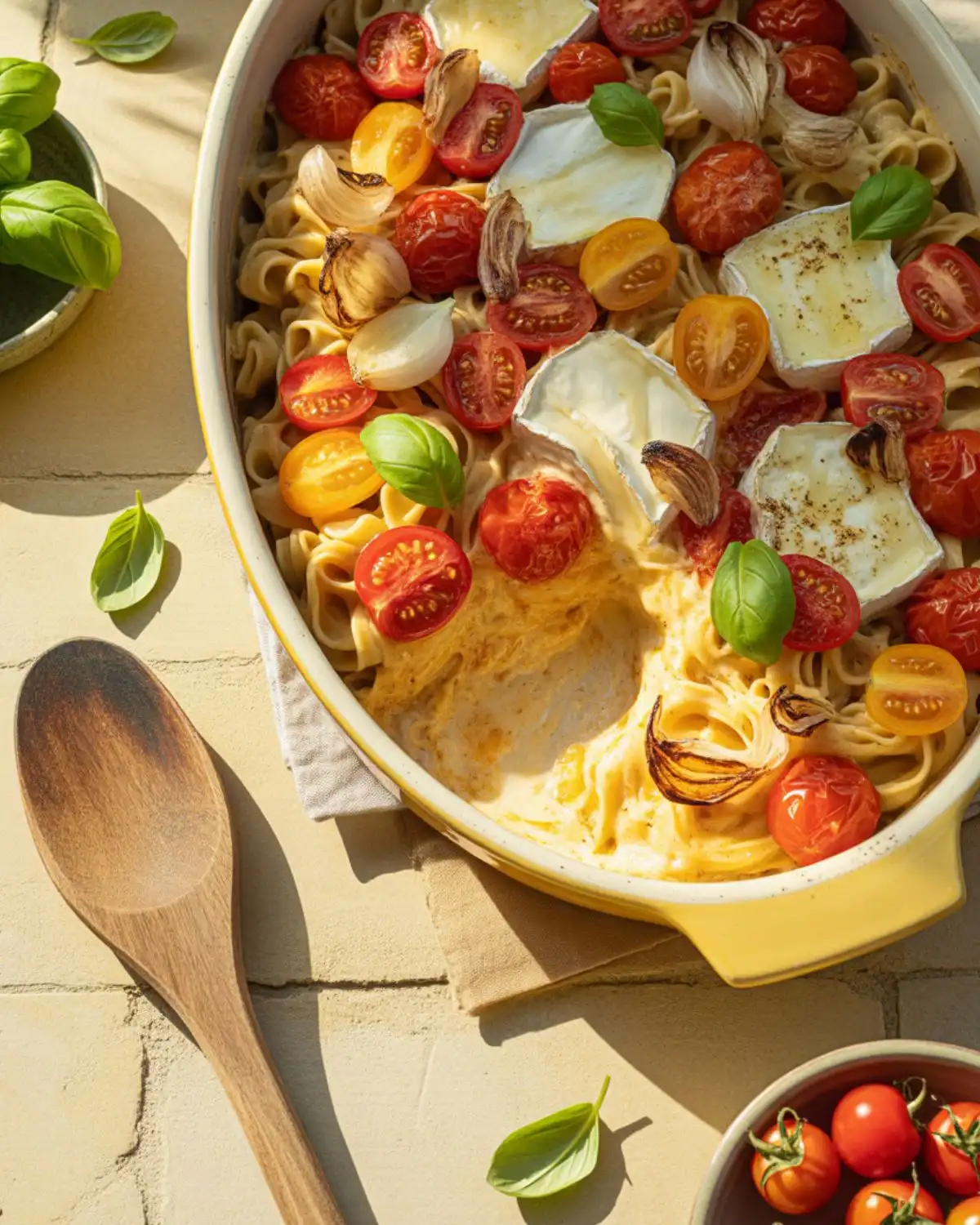 Baked brie pasta with burst cherry tomatoes, garlic, and basil
