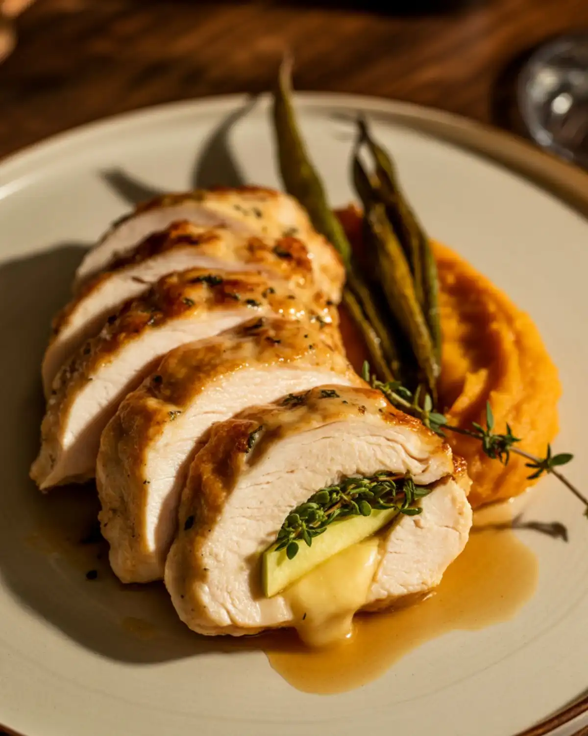 Sliced chicken breast stuffed with brie, apple, and fresh thyme
