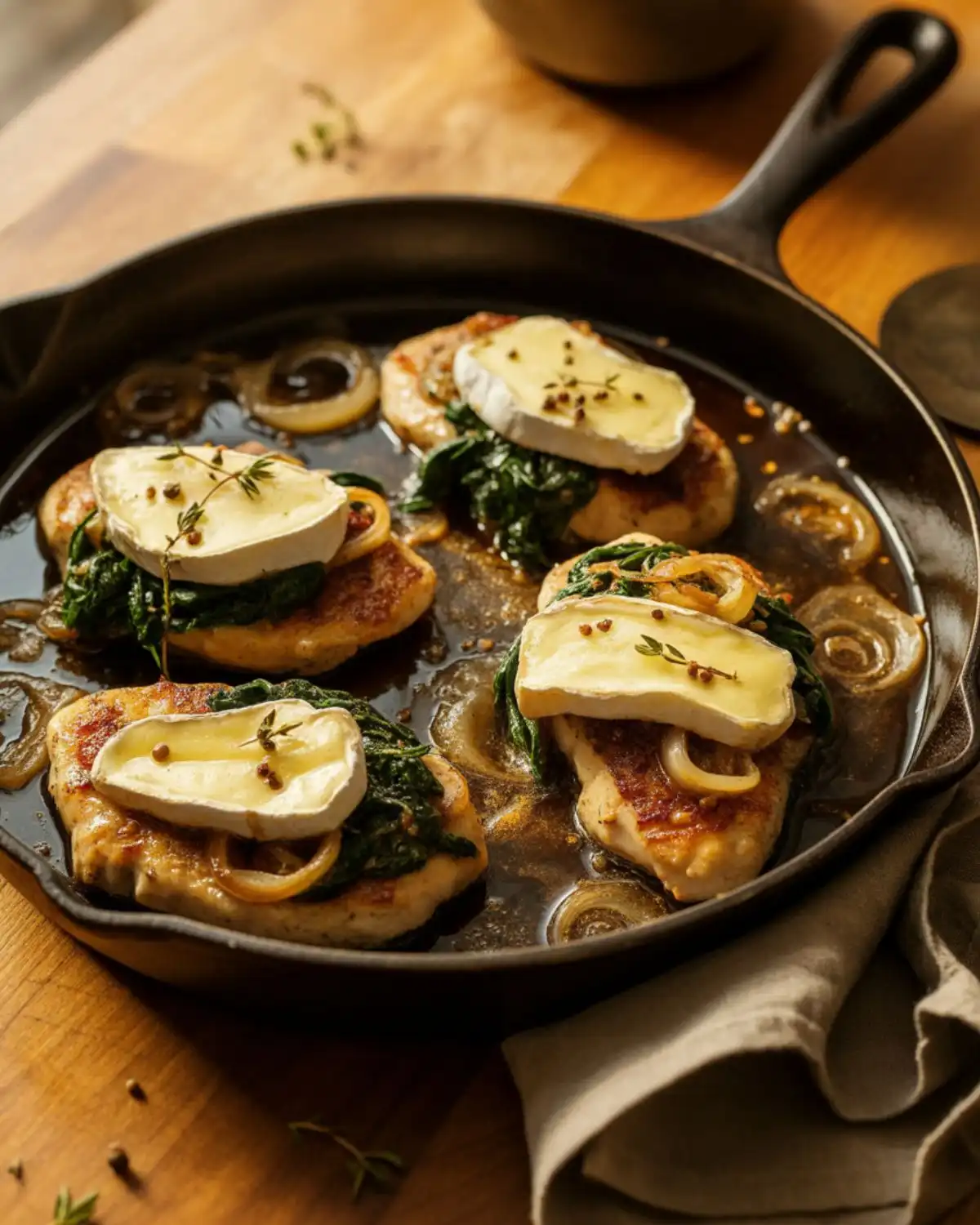 Skillet chicken with melted brie, spinach, shallots, and Dijon sauce

