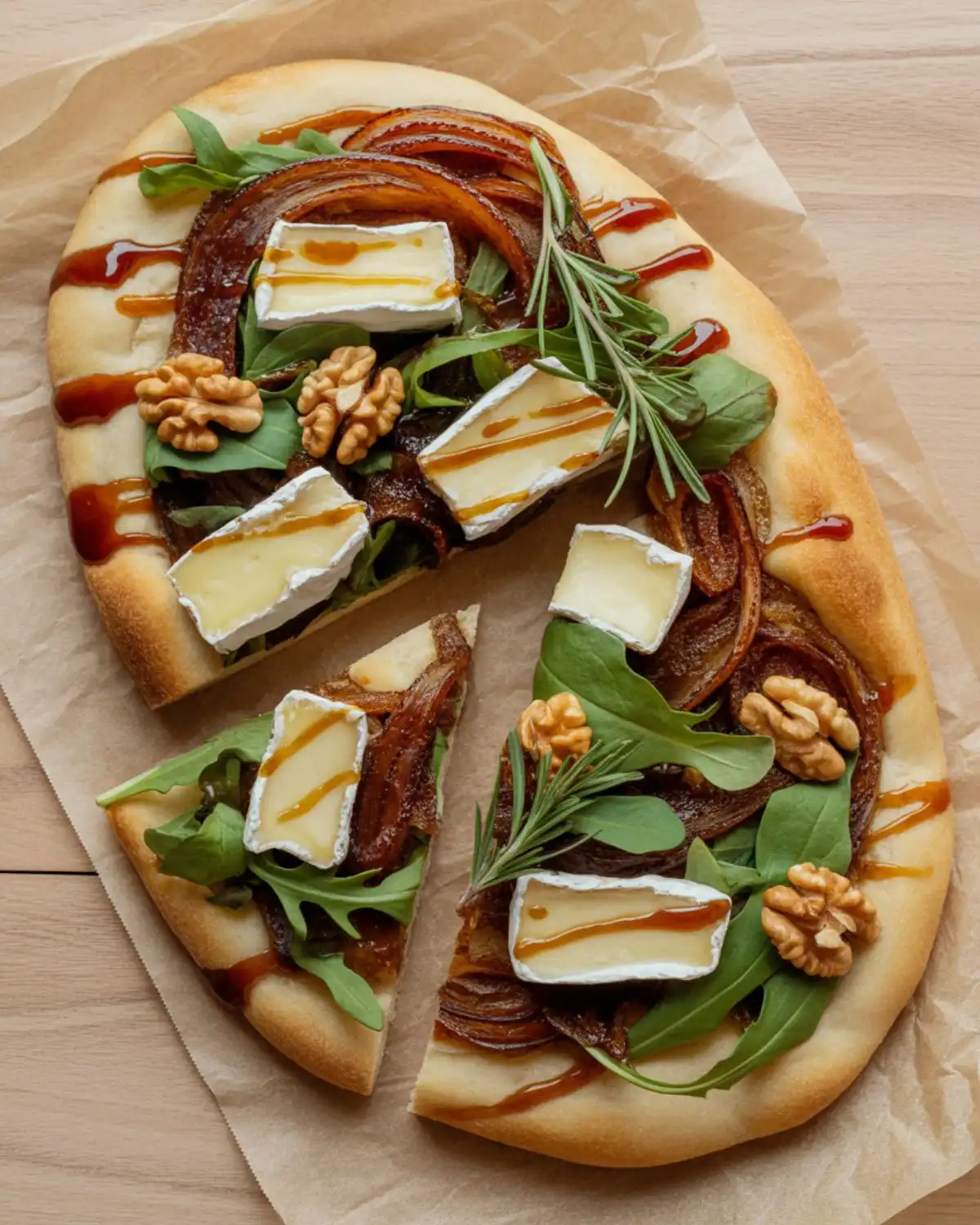 Flatbread topped with brie, caramelized onions, arugula, and balsamic
