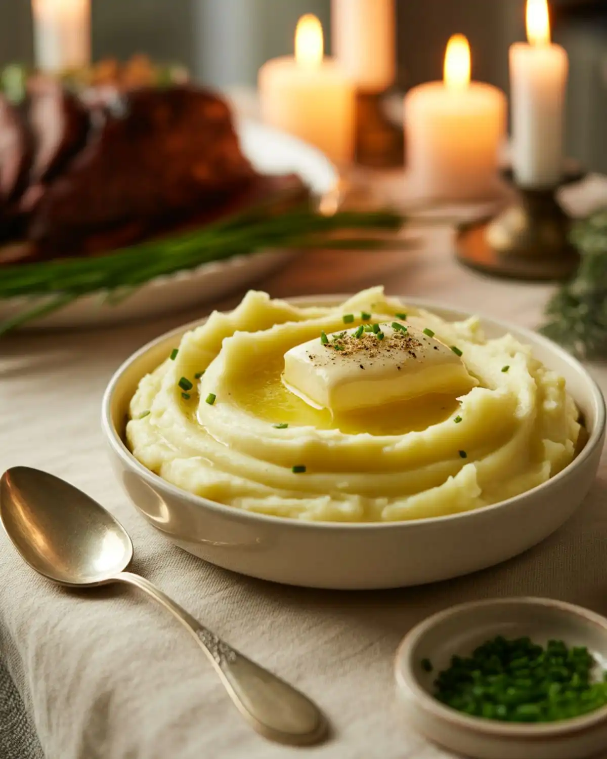 Creamy brie mashed potatoes topped with butter, chives, and pepper
