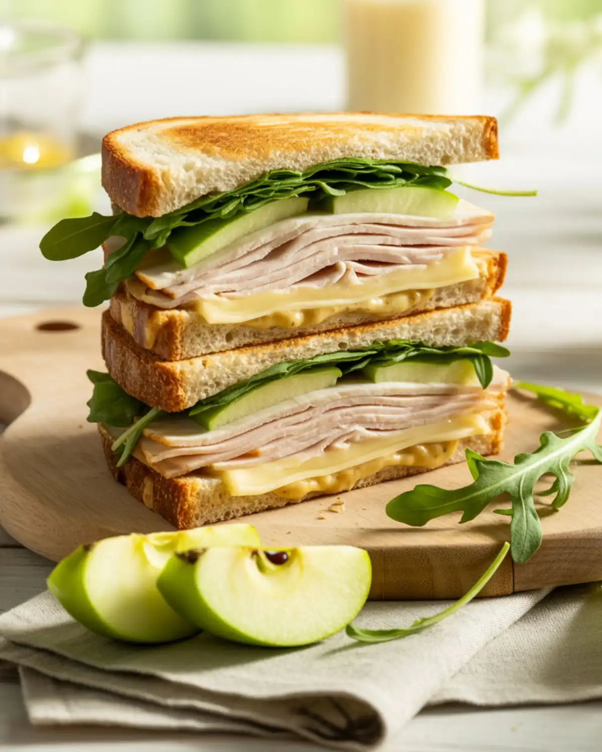 Toasted turkey sandwich with brie, apple, arugula, and Dijon
