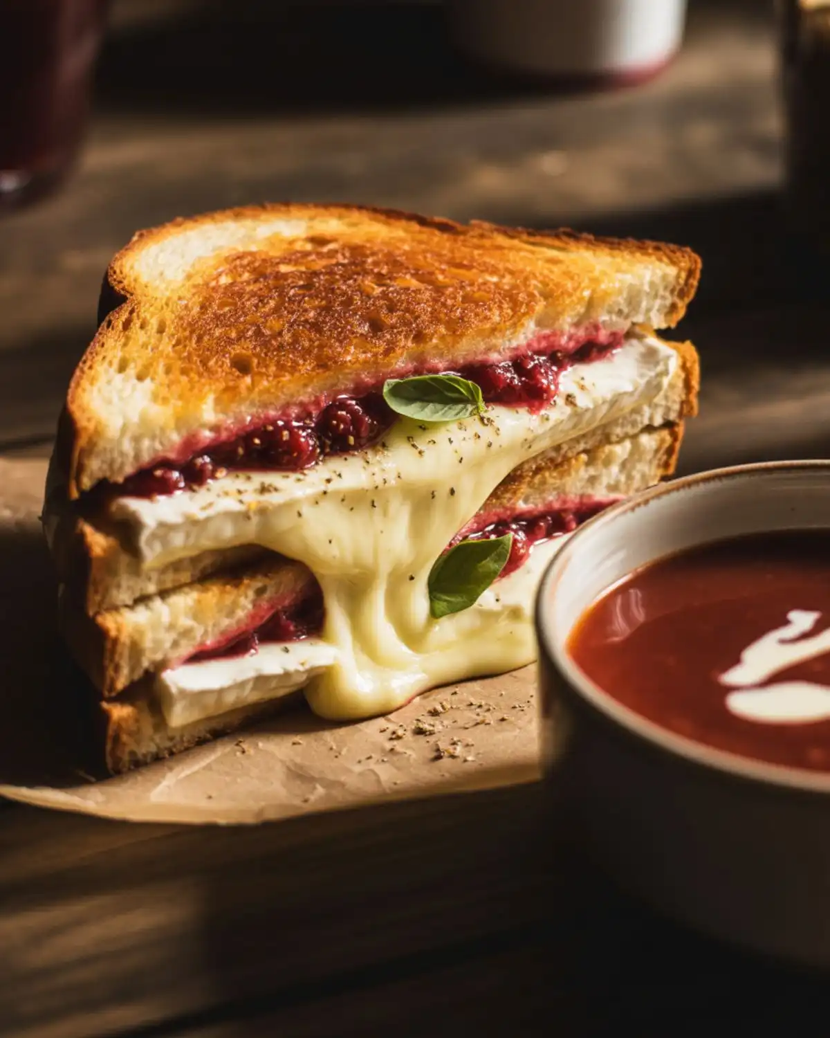 Golden grilled cheese with melted brie and raspberry preserves
