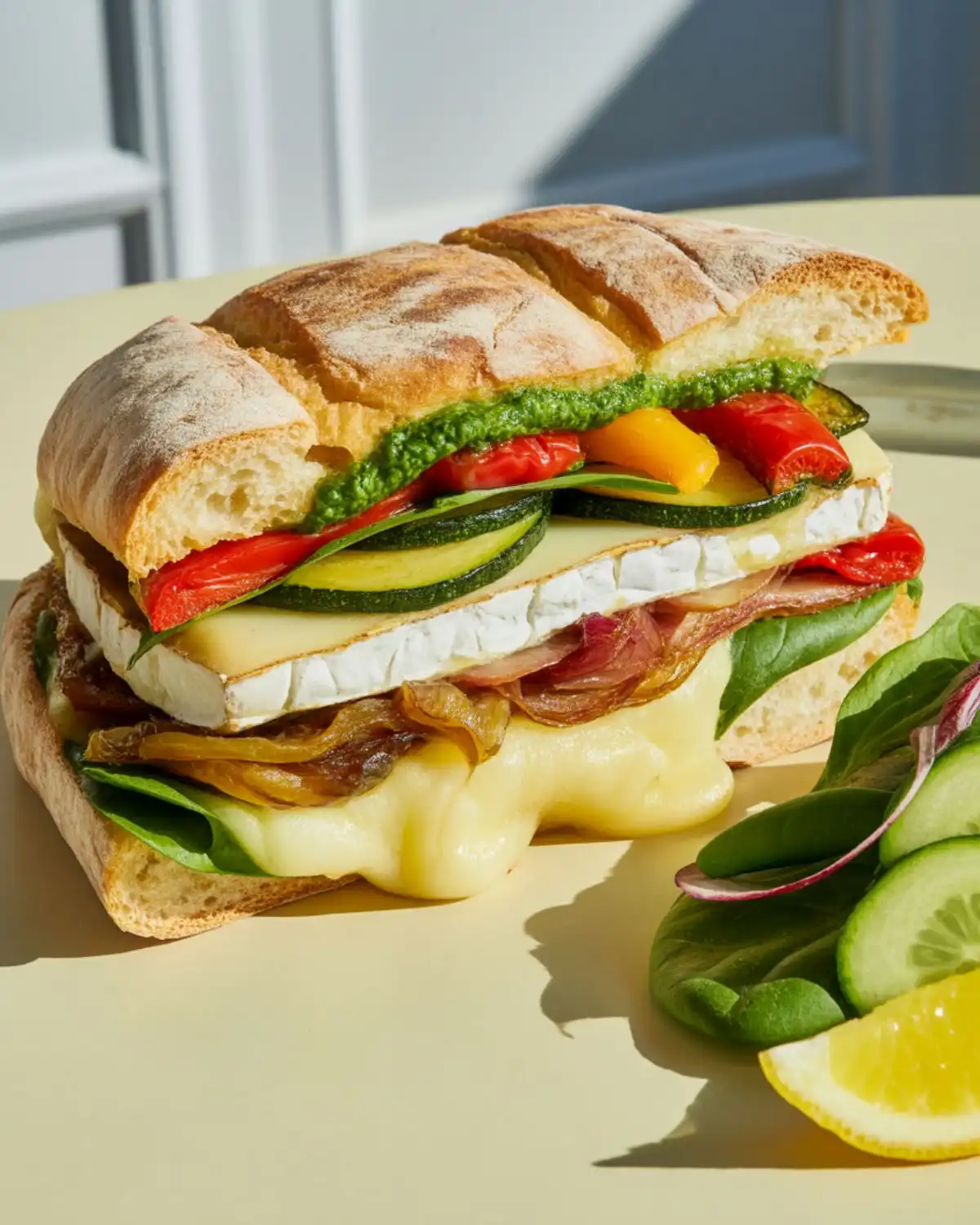 Grilled panini filled with brie, roasted vegetables, spinach, and pesto
