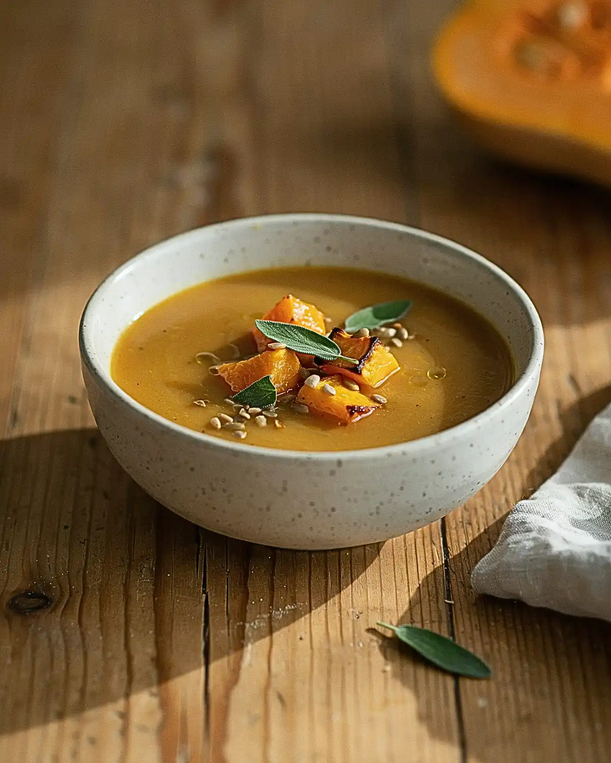 Creamy roasted butternut squash soup topped with sage and roasted squash pieces.
