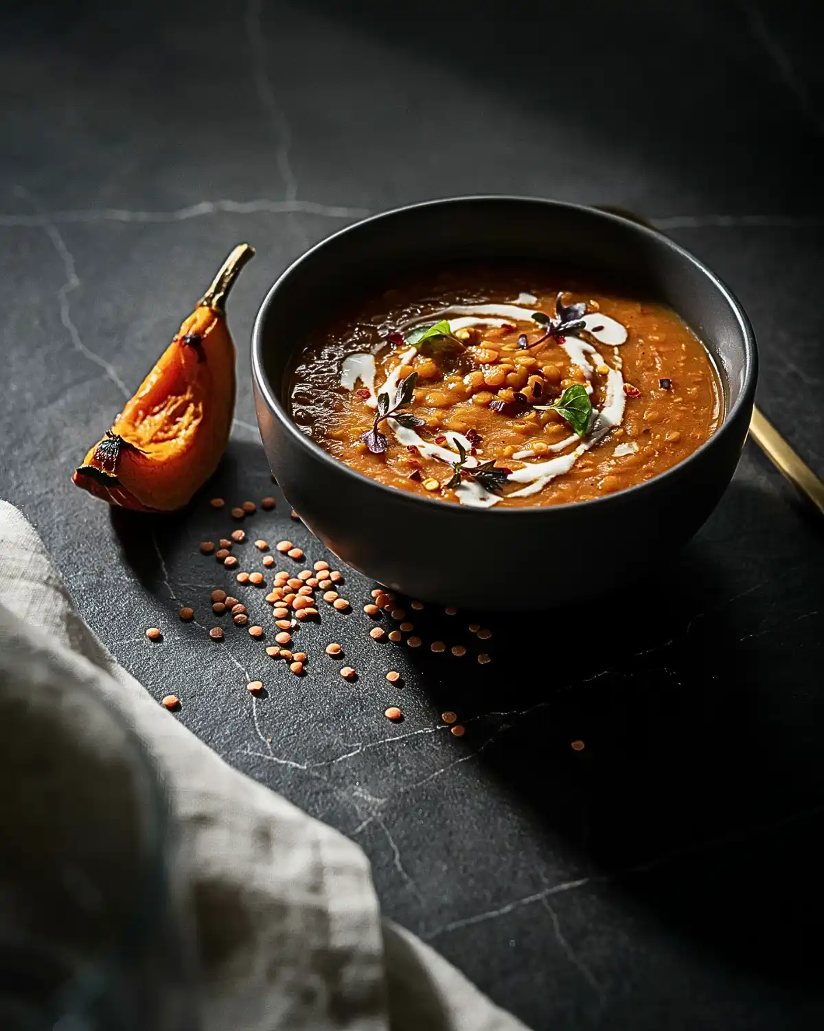 Thick pumpkin red lentil soup topped with lentils, herbs, and a swirl of coconut cream.
