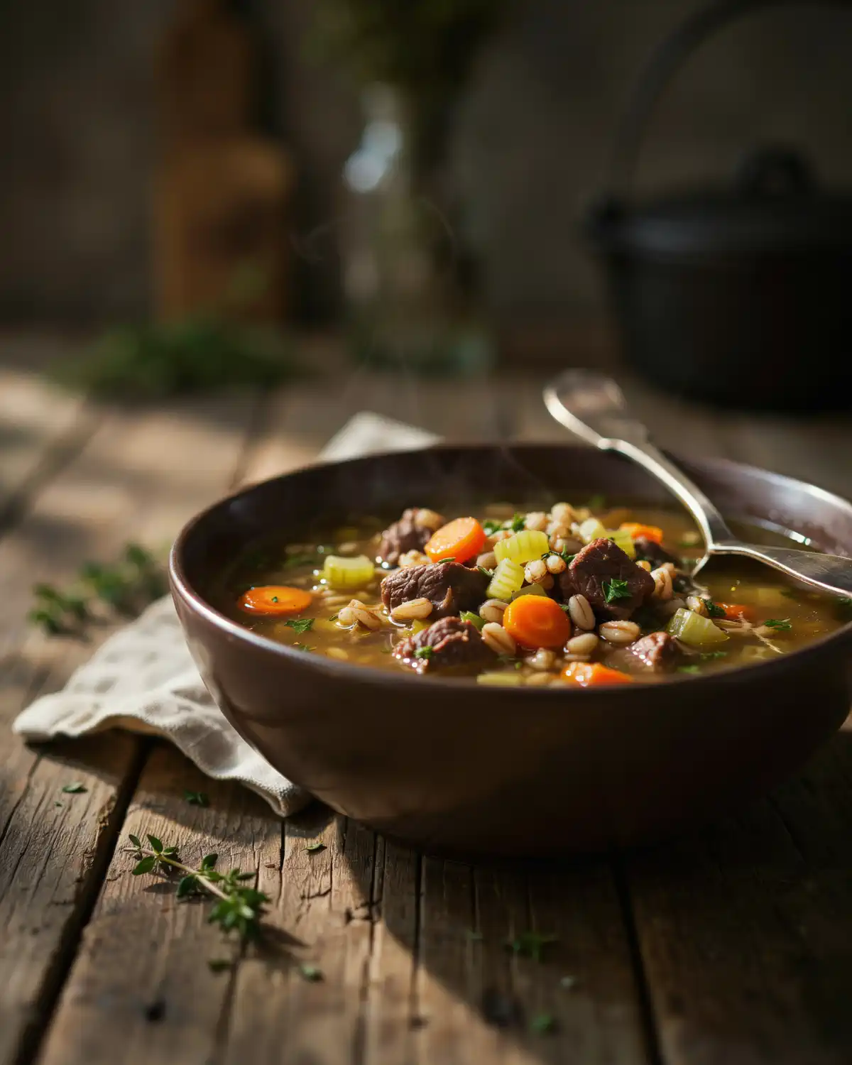 Hearty beef barley soup with tender beef, barley, carrots, celery, and rich broth.
