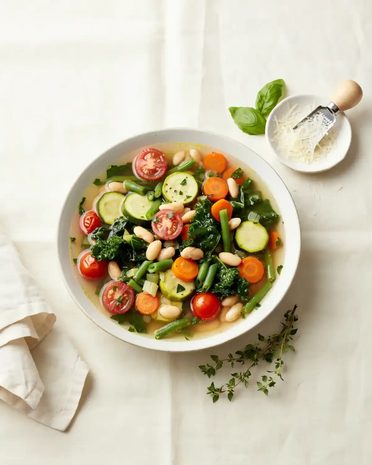 Colorful autumn vegetable minestrone with beans, zucchini, carrots, greens, and tomatoes.