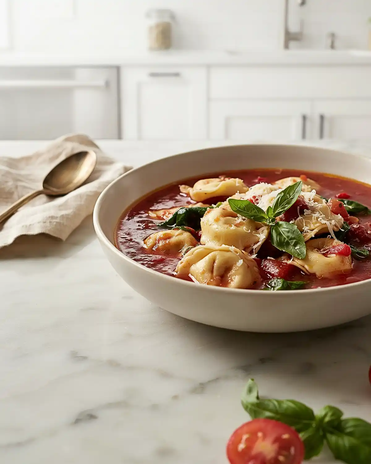 Creamy tomato tortellini soup with cheese tortellini, spinach, Parmesan, and basil.