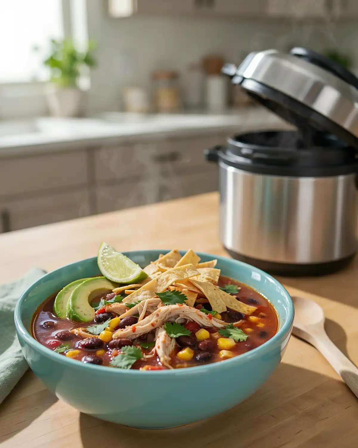 Instant Pot chicken tortilla soup topped with avocado, tortilla strips, cilantro, and lime.
