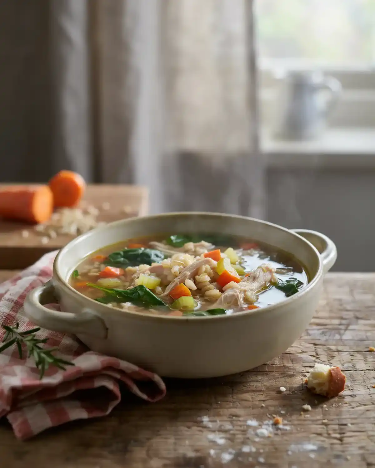 Turkey brown rice soup with vegetables, spinach, herbs, and tender pieces of turkey.