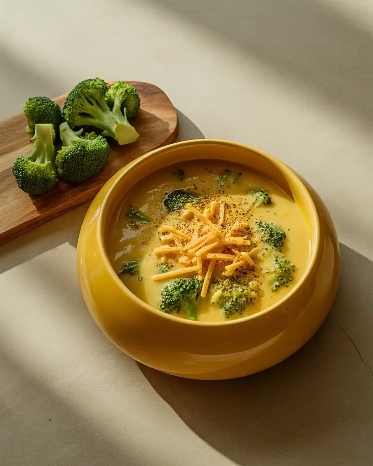 Creamy broccoli cheddar soup with broccoli florets, shredded cheddar, and cracked pepper.
