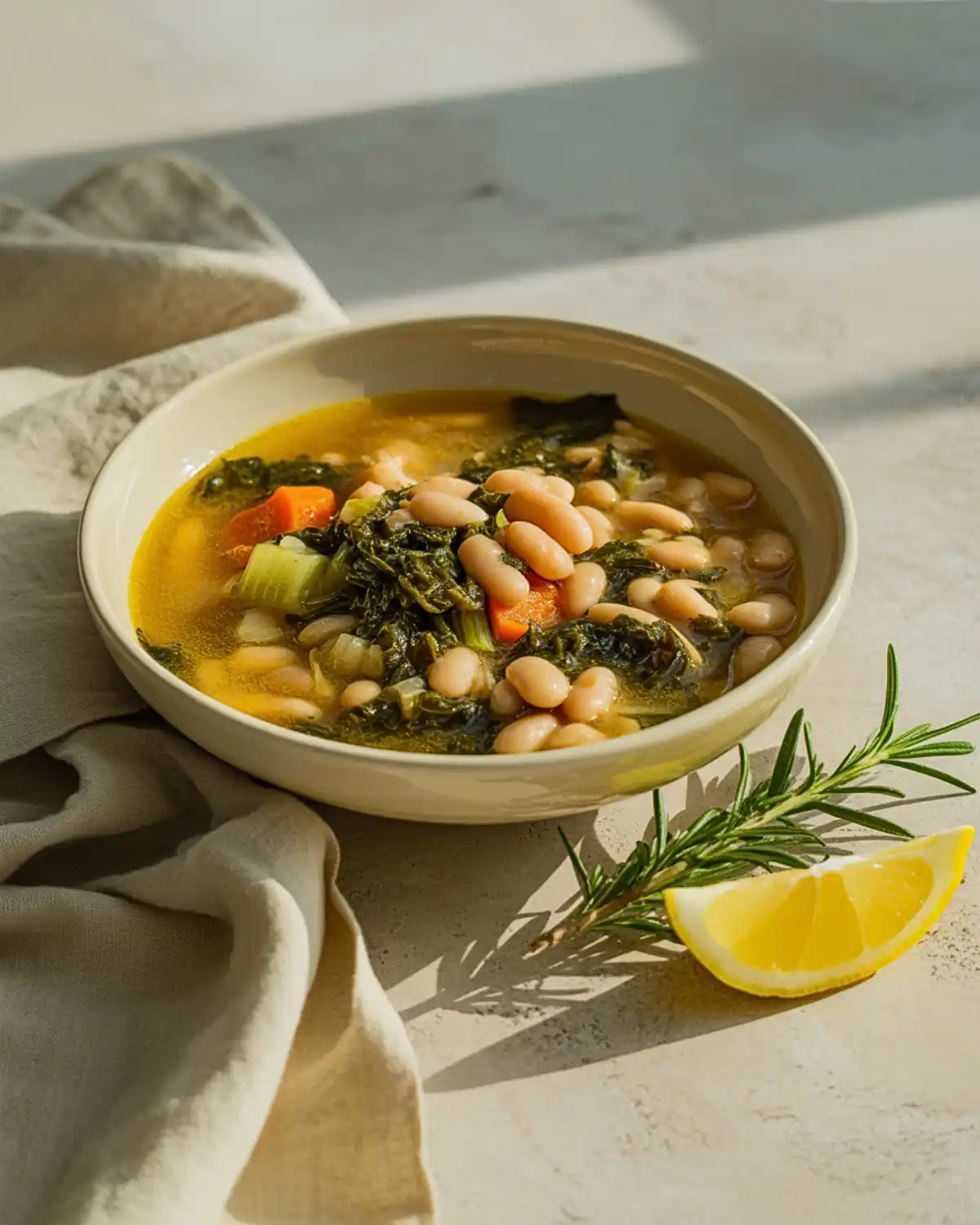 White bean kale soup with carrots, celery, rosemary, and tender white beans.
