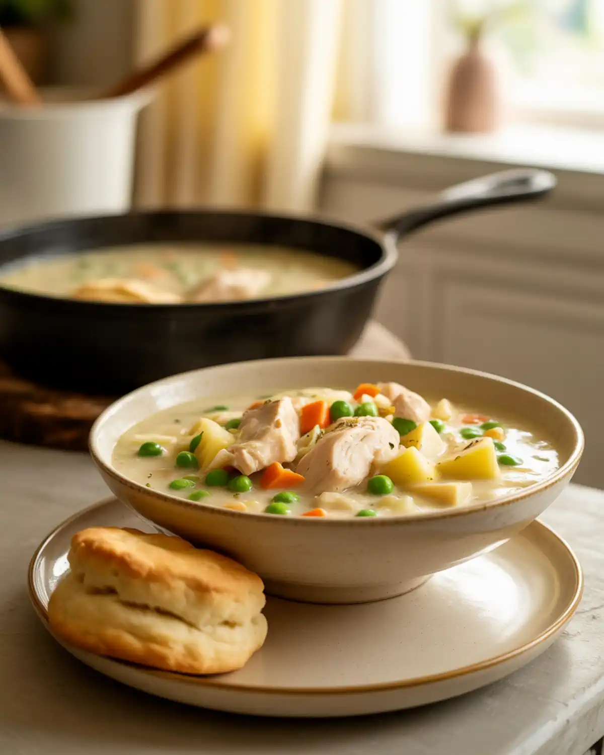 Creamy chicken pot pie soup with chicken, potatoes, peas, carrots, and a biscuit.