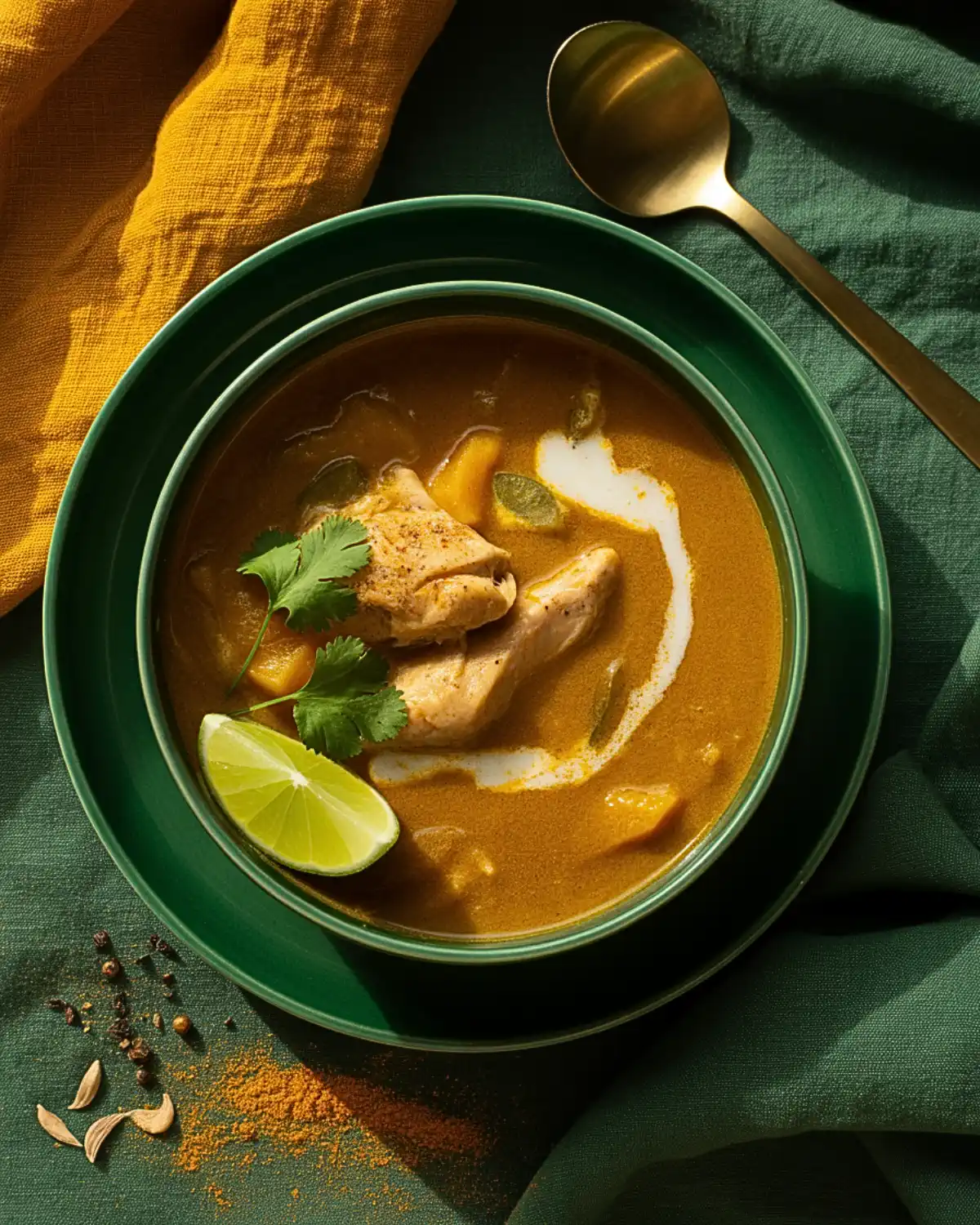 Pumpkin chicken curry soup with tender chicken, coconut milk, cilantro, and lime.
