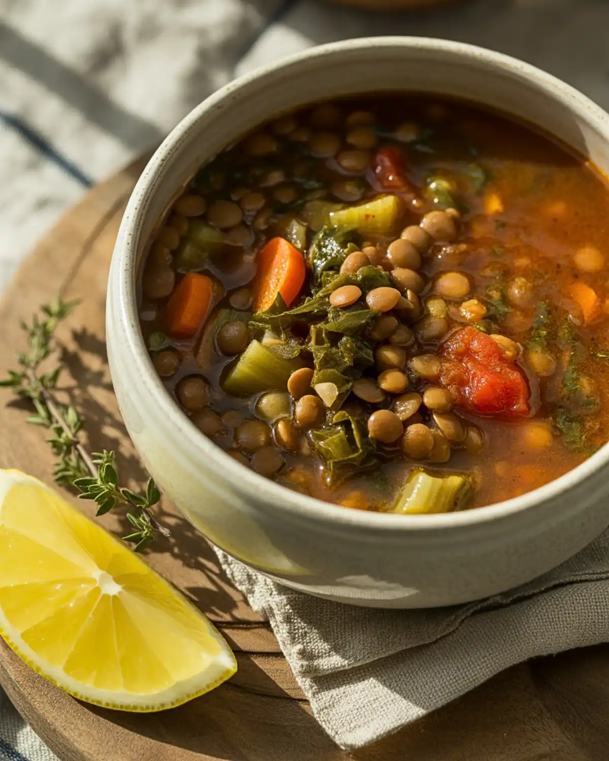 Lentil vegetable soup with carrots, celery, tomatoes, greens, herbs, and lemon.
