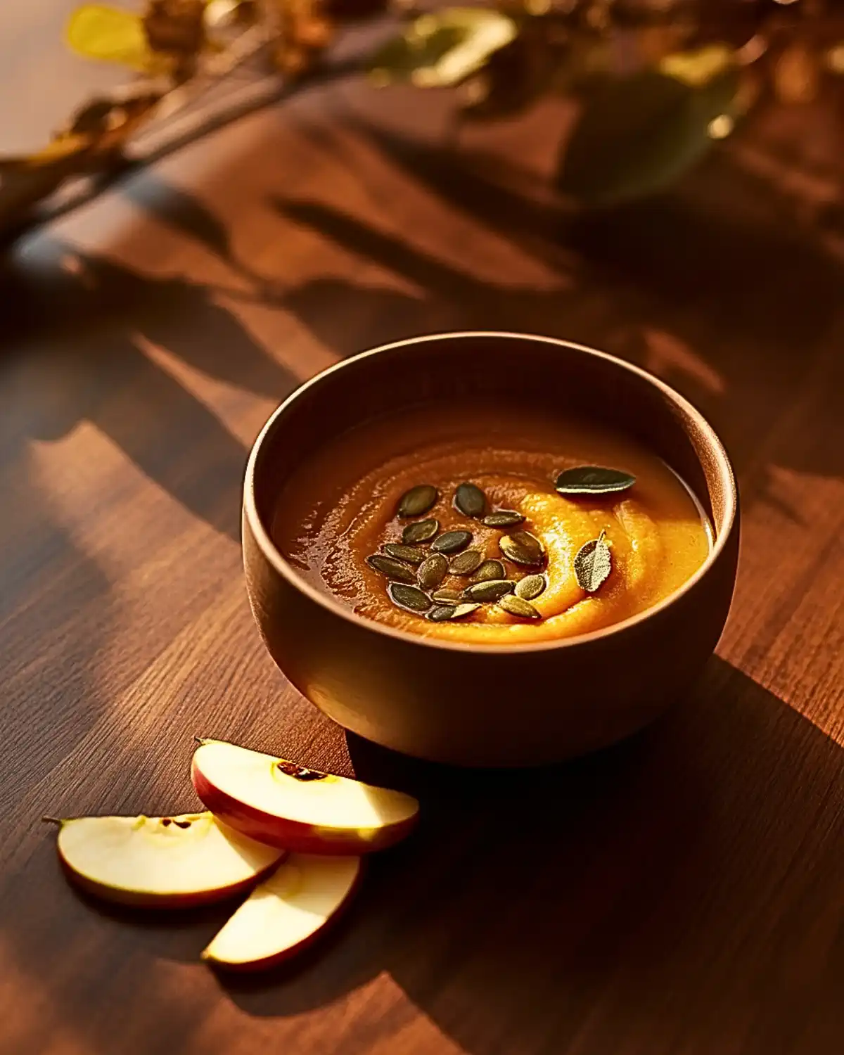 Apple butternut squash soup topped with pumpkin seeds, sage, and thin apple slices.
