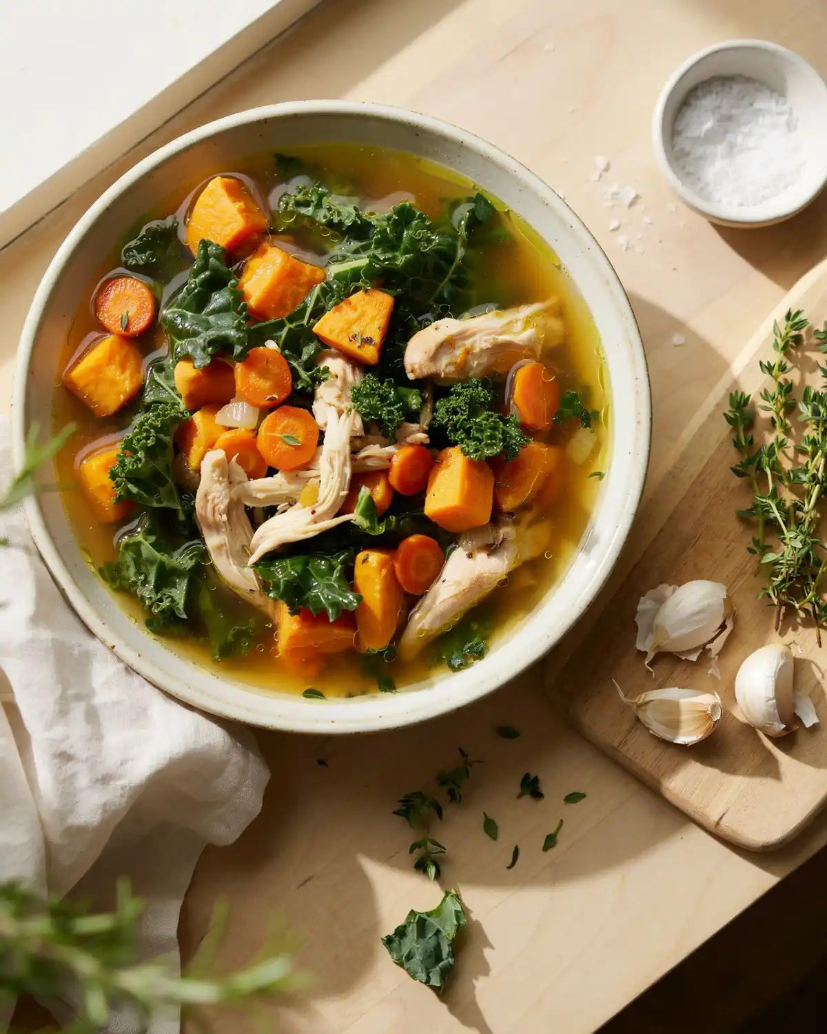 Chicken sweet potato and kale stew with carrots and herbs in a warm golden broth.