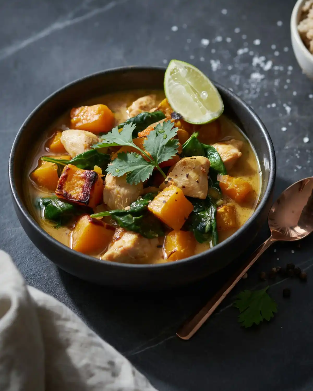 Butternut squash chicken curry with spinach, lime and warm autumn spices.