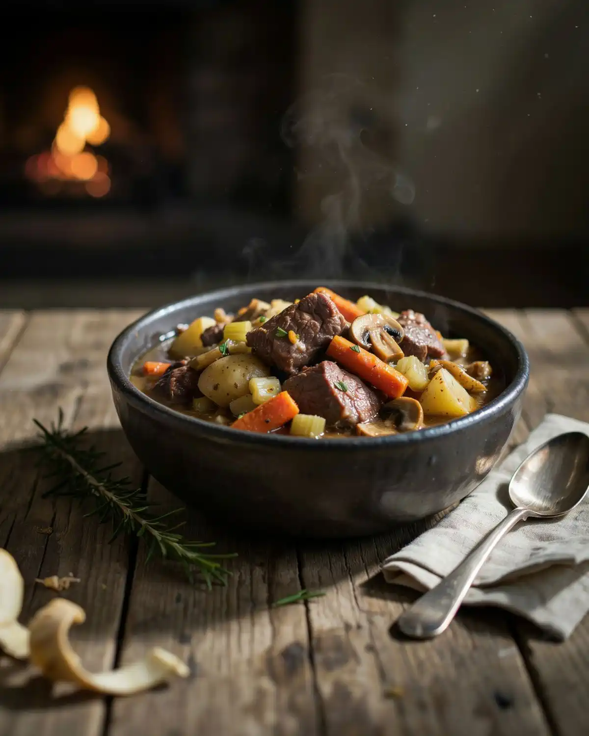Beef and root vegetable crockpot stew with carrots, parsnips, potatoes and mushrooms.