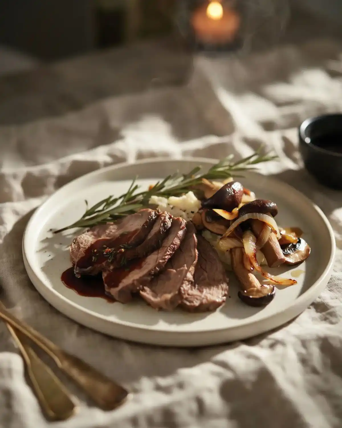 Slow-cooked balsamic beef with mushrooms, onions and savory herb sauce.