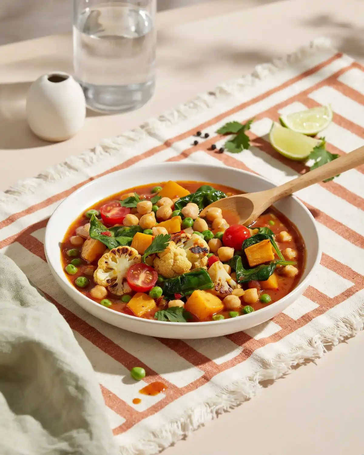 Sweet potato black bean chili with corn, tomatoes, avocado, lime and cilantro.