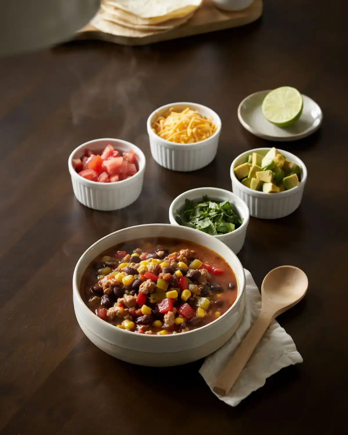 Slow cooker chicken tortilla soup with black beans, corn, avocado, cilantro and lime