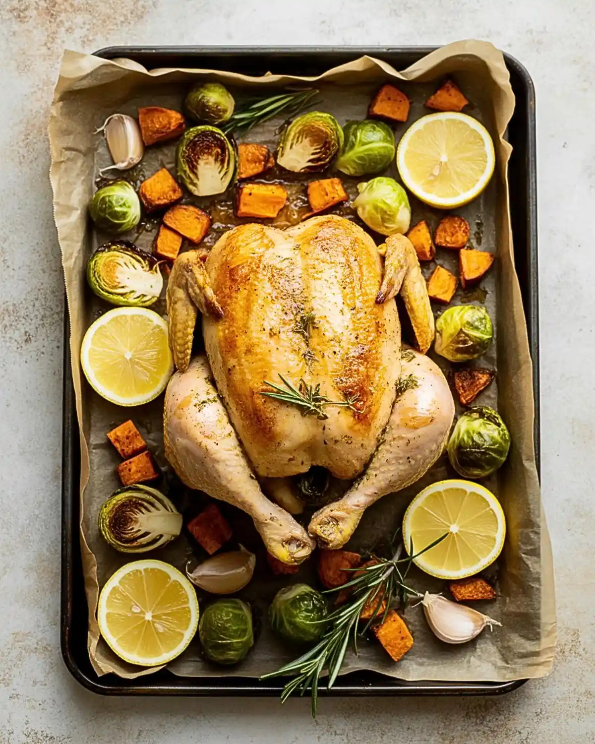 Sheet-pan lemon herb chicken with roasted sweet potatoes and Brussels sprouts.
