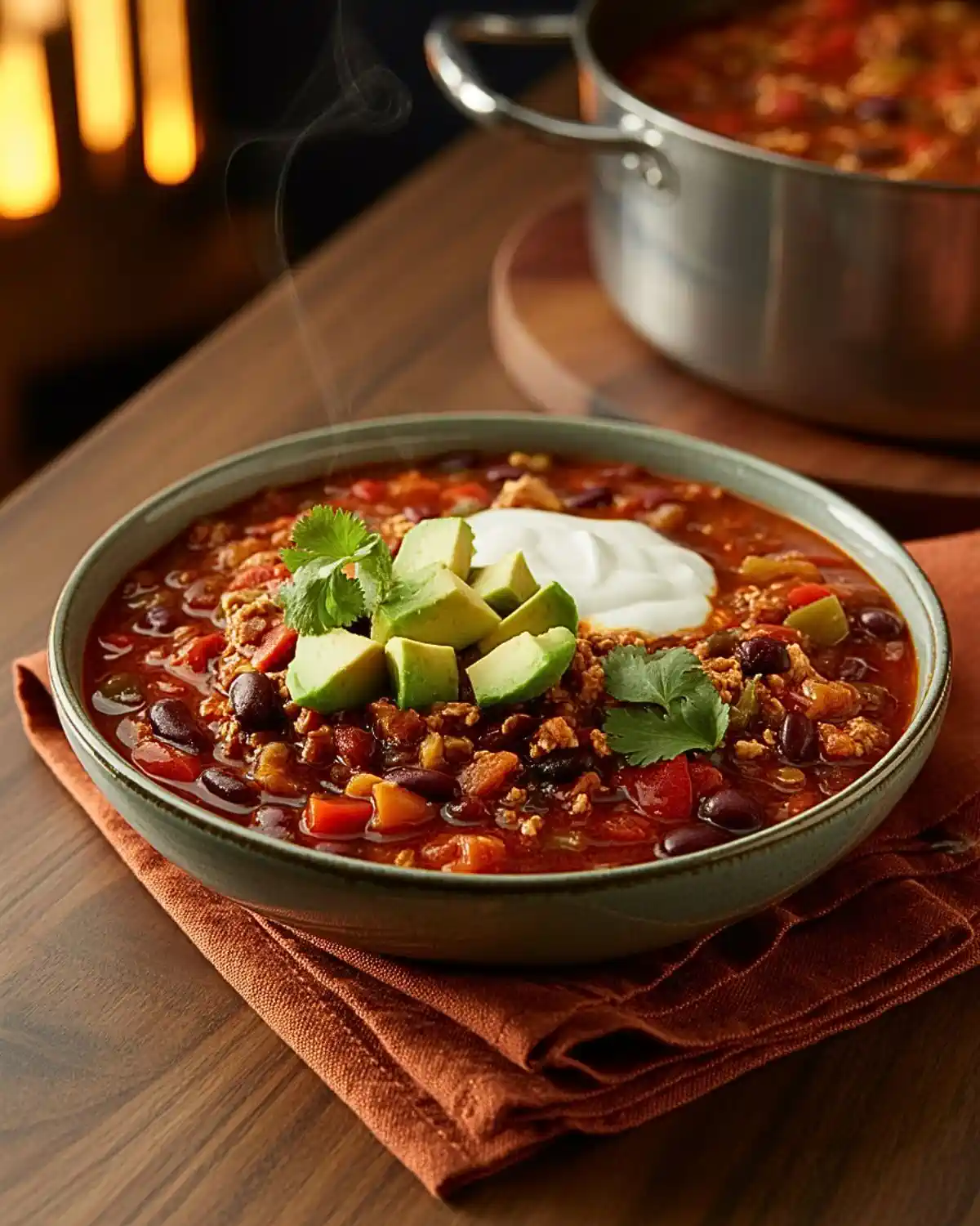 Turkey pumpkin chili with beans, avocado, cilantro, and Greek yogurt.