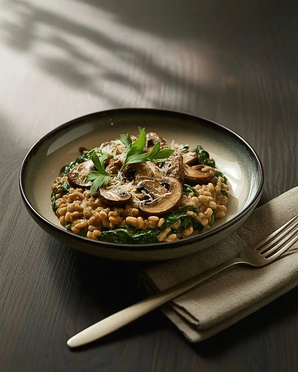 Mushroom spinach farro risotto with parsley and a light Parmesan topping.
