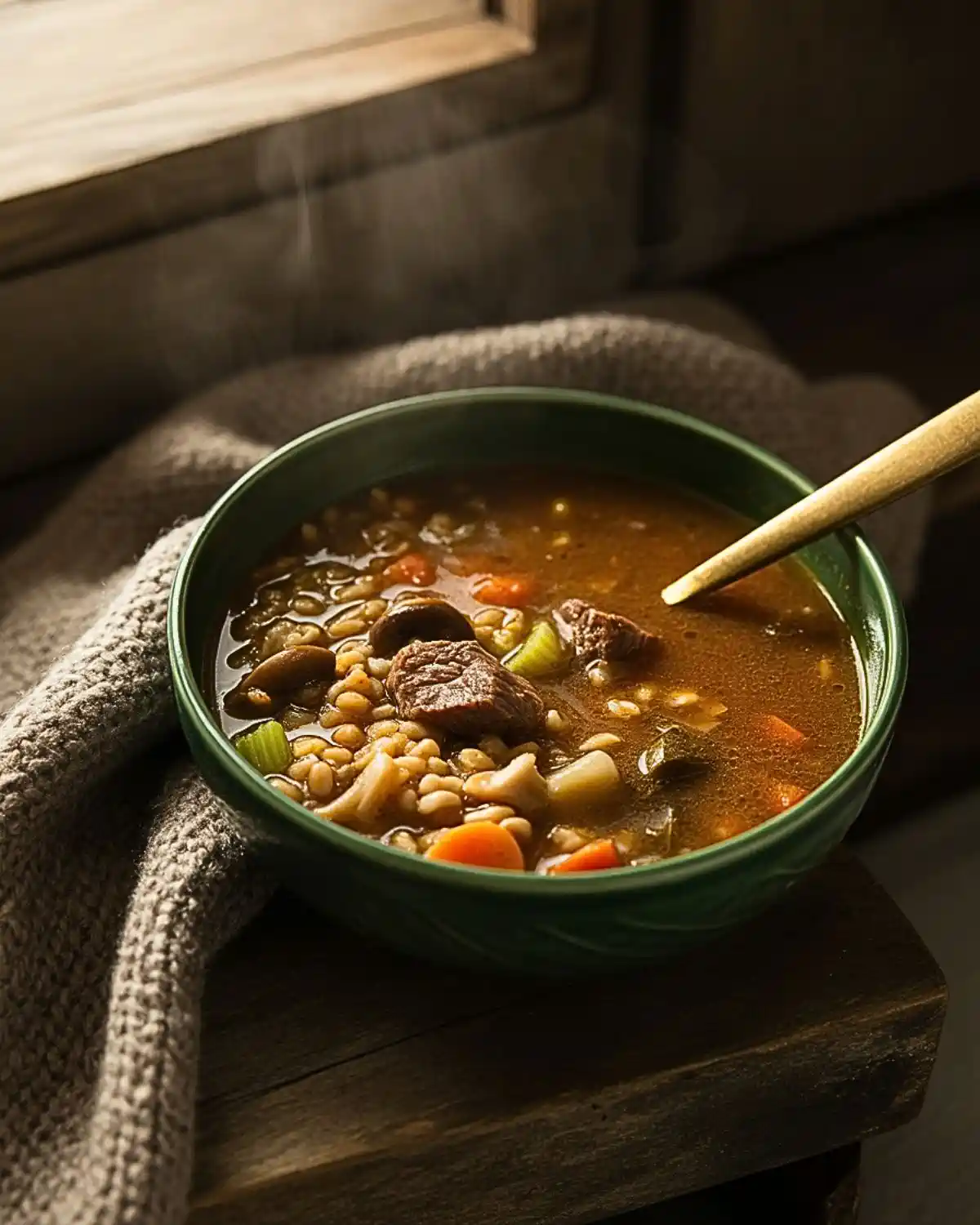 Lean beef barley soup with mushrooms, carrots, celery, tomatoes, and herbs.
