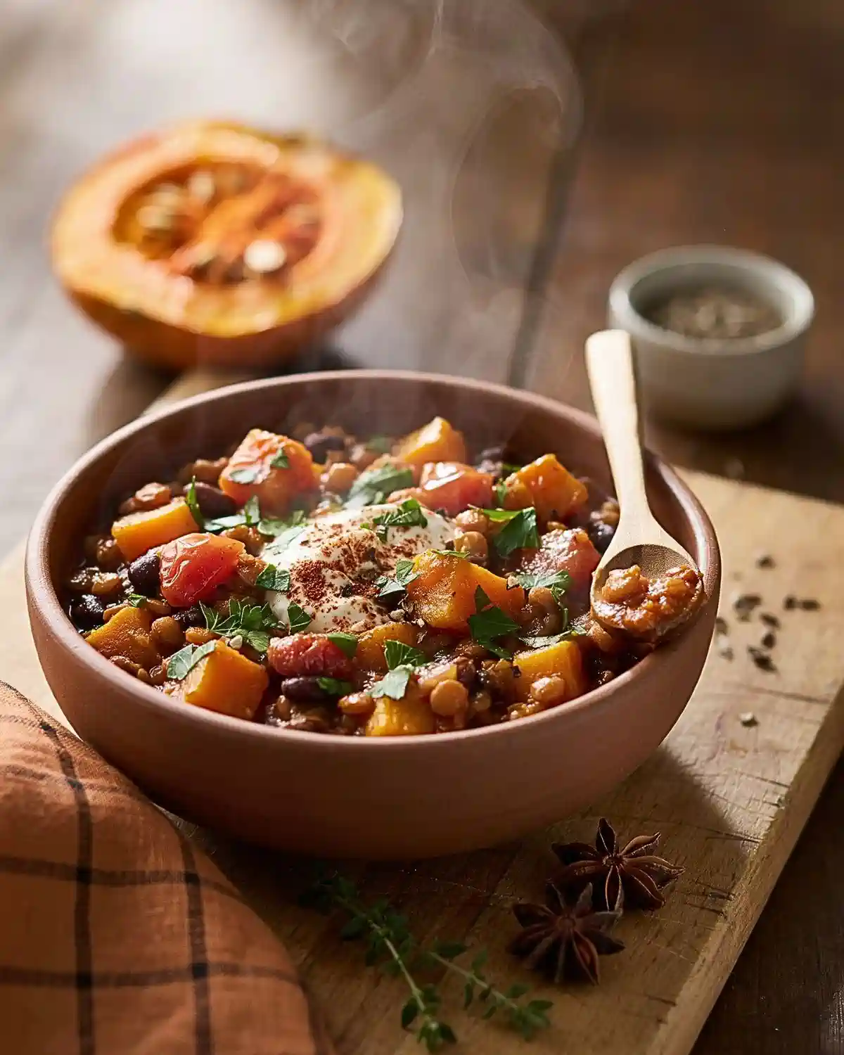 Pumpkin lentil chili vegetarian healthy fall lunch recipe