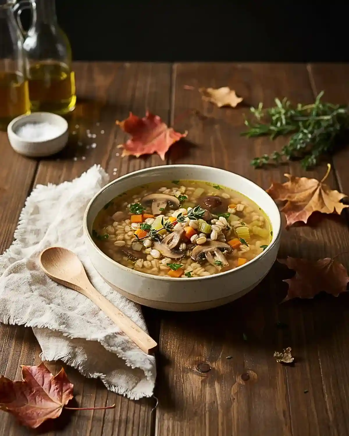 Mushroom barley soup with vegetables for a comforting healthy fall lunch idea