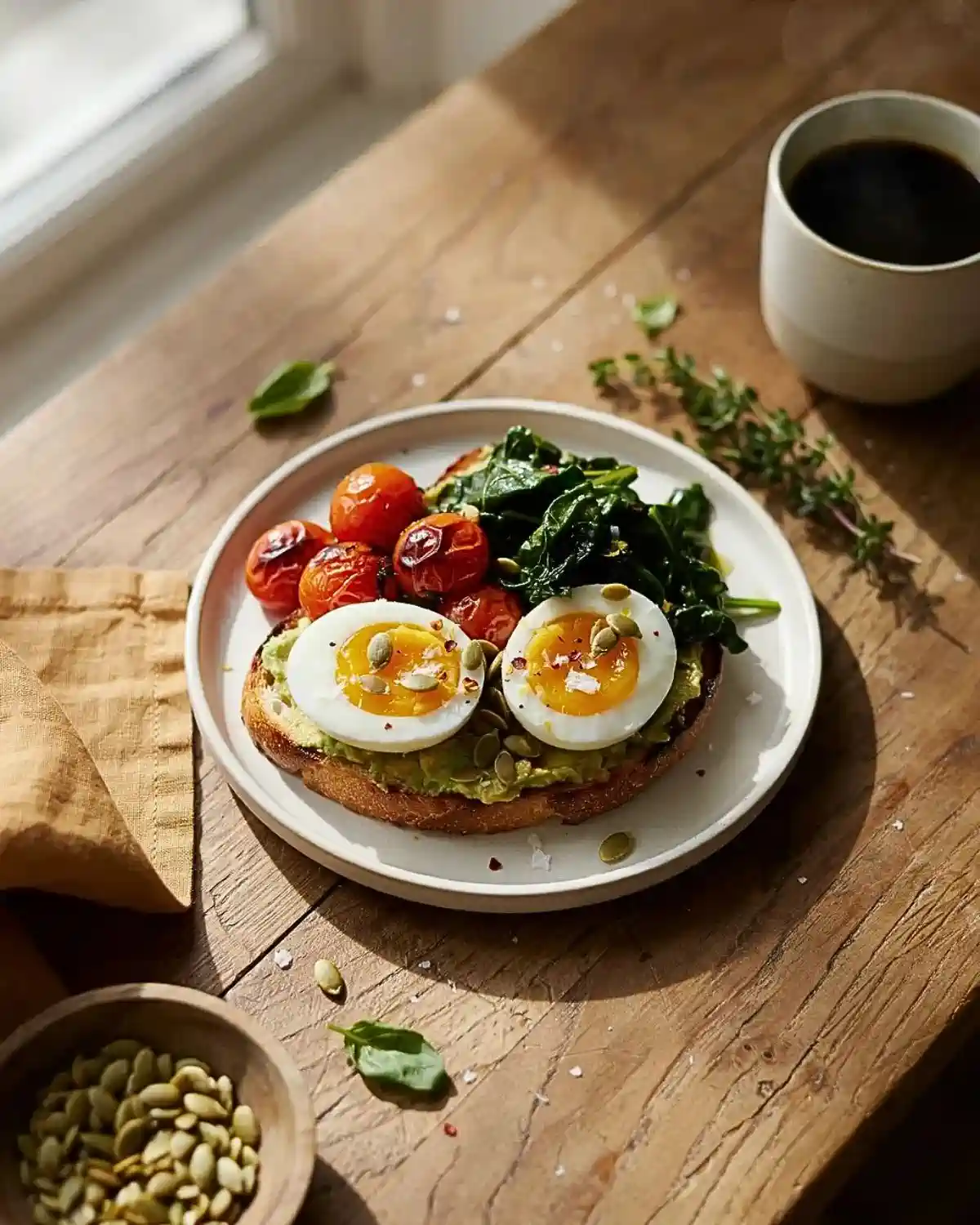 Egg and avocado toast with seasonal toppings for a healthy fall lunch