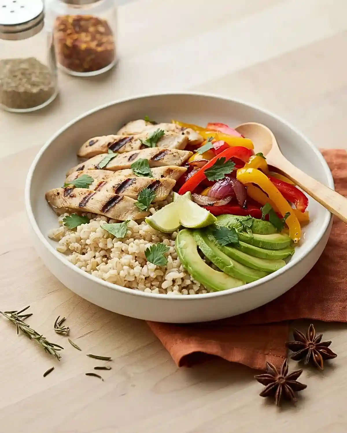Chicken fajita bowl with vegetables for a high protein healthy fall lunch