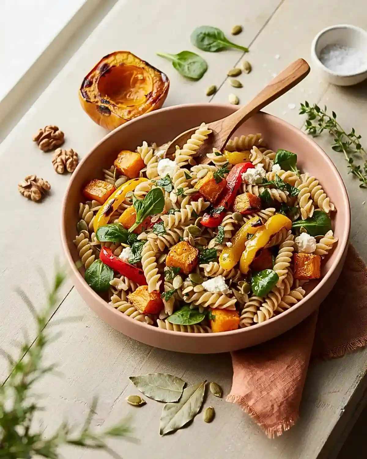 Fall pasta salad with roasted vegetables for a healthy autumn lunch