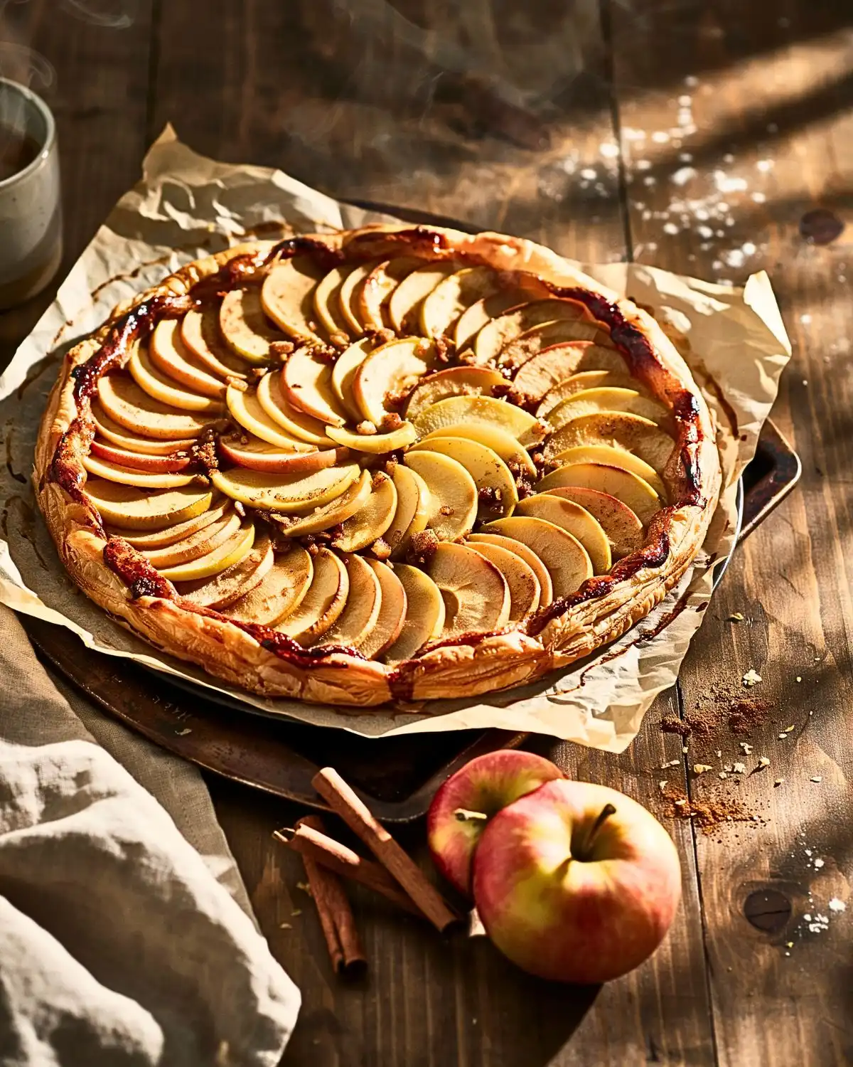Apple cinnamon puff pastry tart with overlapping apple slices and golden flaky edges.

