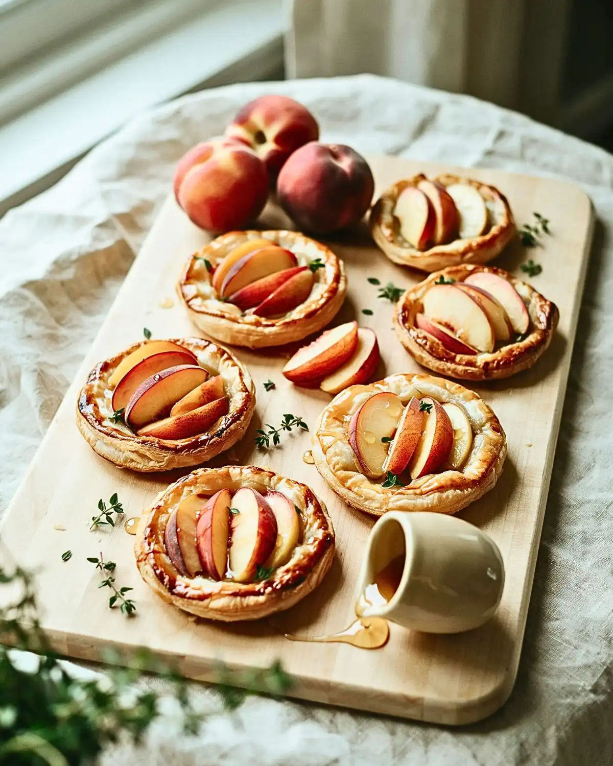 Peach and honey Puff Pastry Tarts topped with thin peach slices and a light honey drizzle.
