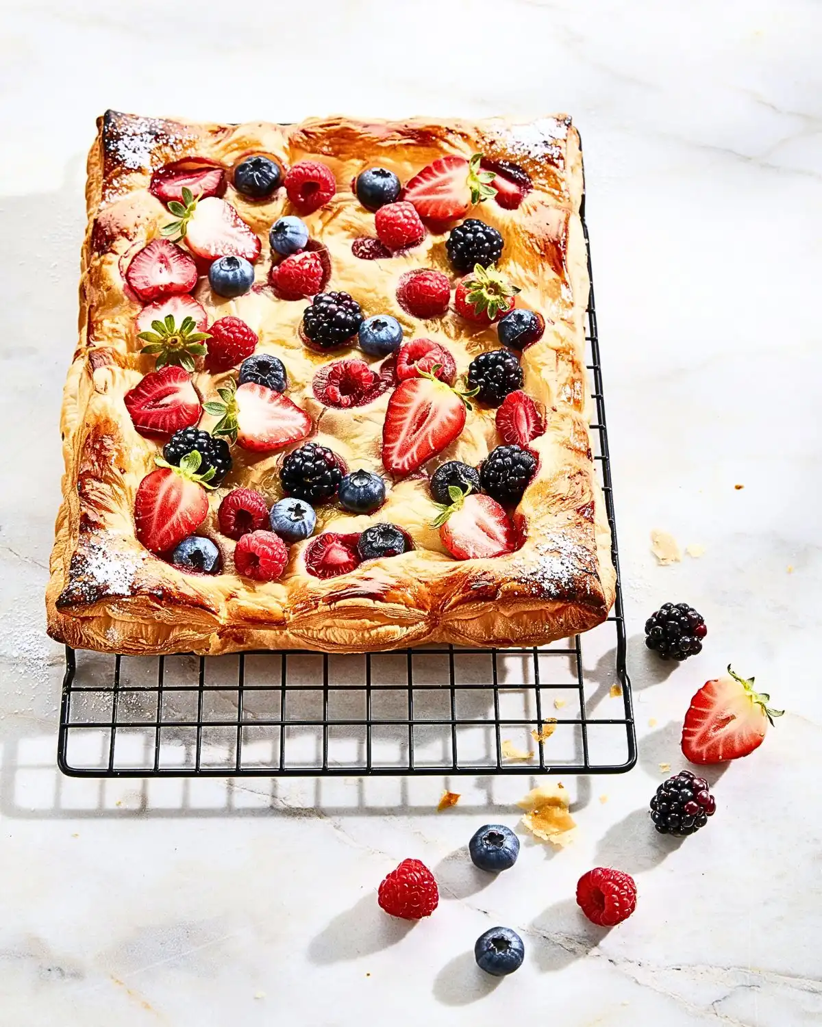 Mixed berry puff pastry tart baked with strawberries, blueberries, raspberries, and blackberries.