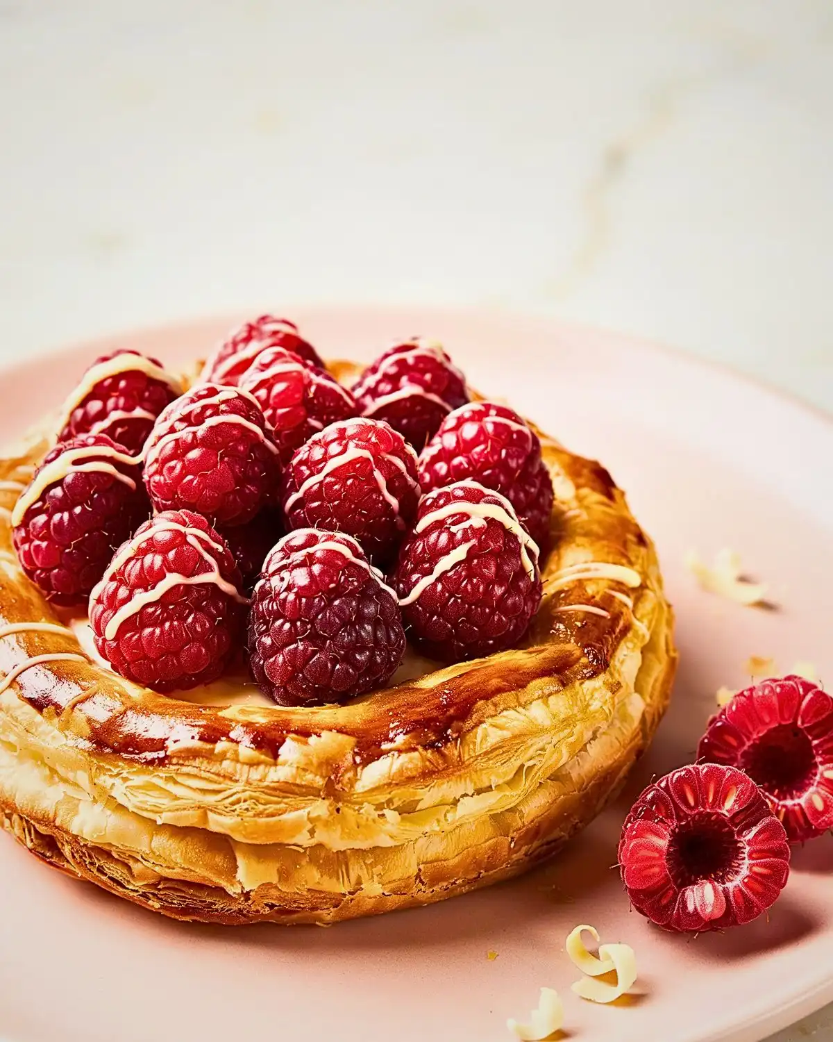 Raspberry white chocolate puff pastry tart topped with fresh raspberries and white chocolate drizzle.
