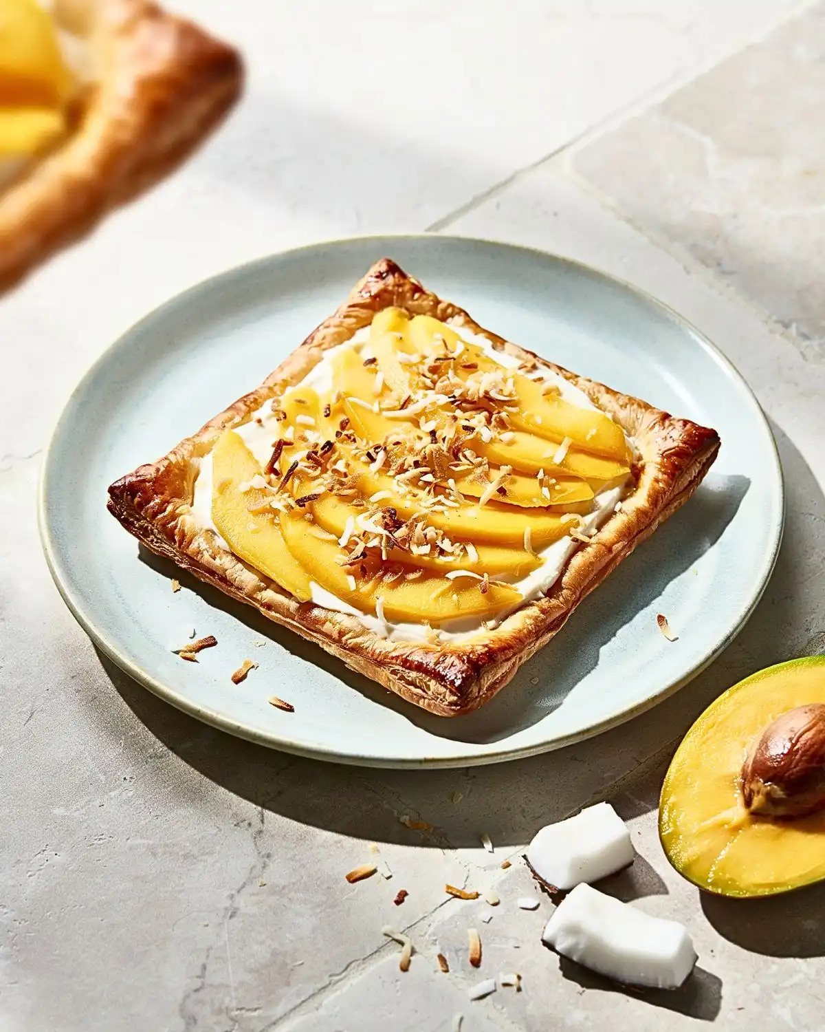 Mango coconut pastry tart topped with ripe mango slices and toasted coconut flakes.