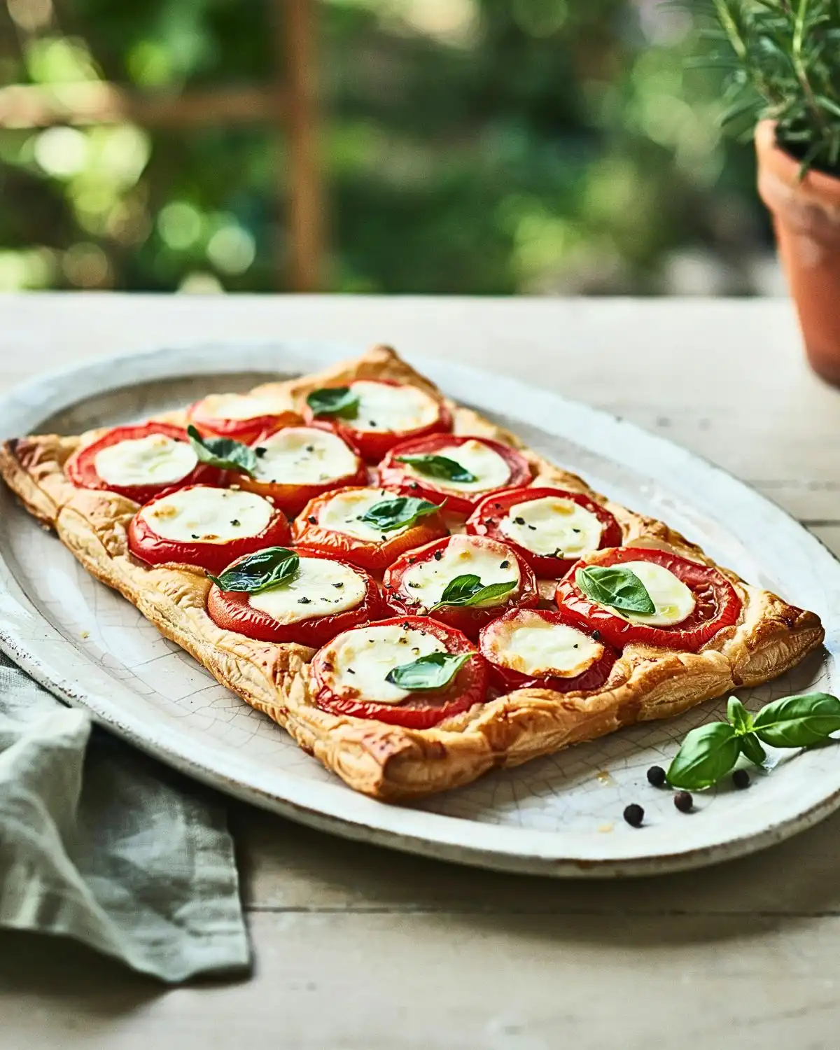 Tomato mozzarella puff pastry tart topped with fresh basil and cracked black pepper.