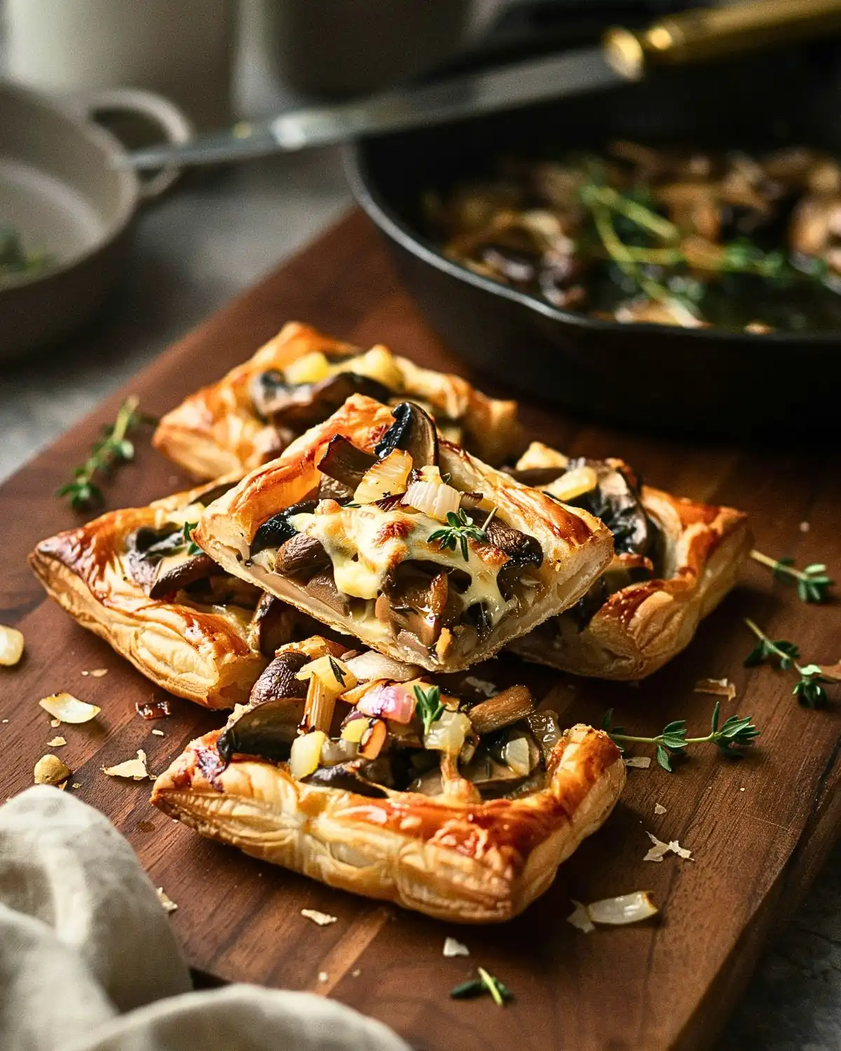  Mushroom Gruyère Puff Pastry Tarts with sautéed mushrooms, melted cheese, and thyme.

