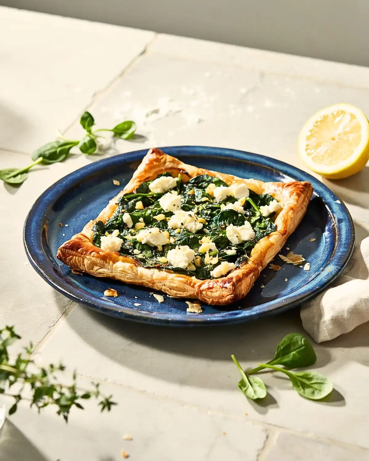 Spinach feta puff pastry tart filled with cooked spinach, feta, and black pepper.
